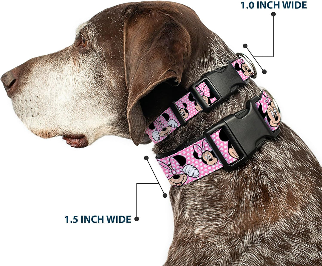 Buckle-Down Plastic Clip Collar - Minnie Mouse Expressions Polka Dot Pink/White - 1.5" Wide - Fits 1