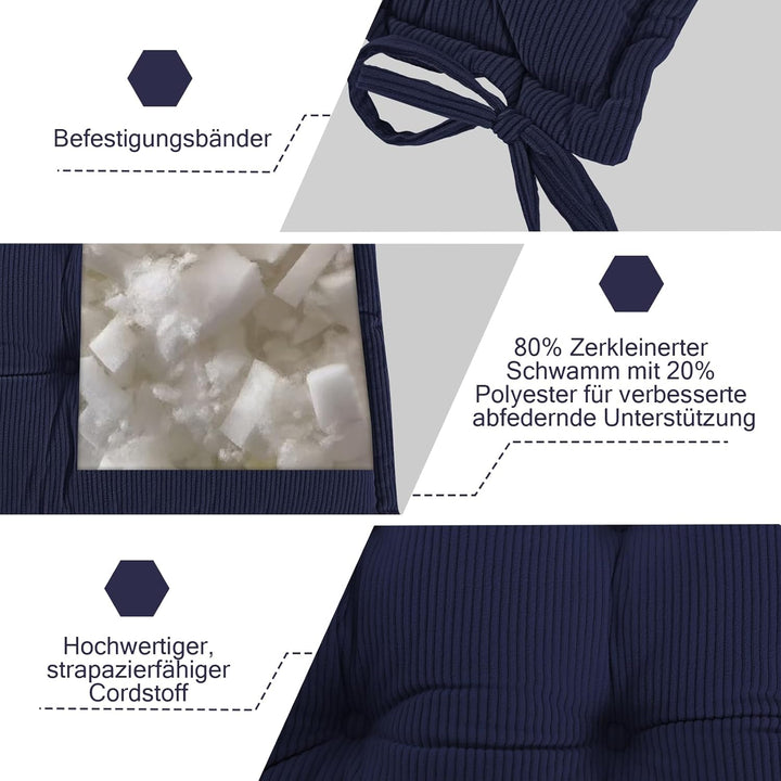Indoor Sitzkissen Stuhl 2er Set – Komfortable Cordstoff-Sitzmatte Stuhlkissen mit Bändern, Hochwerti