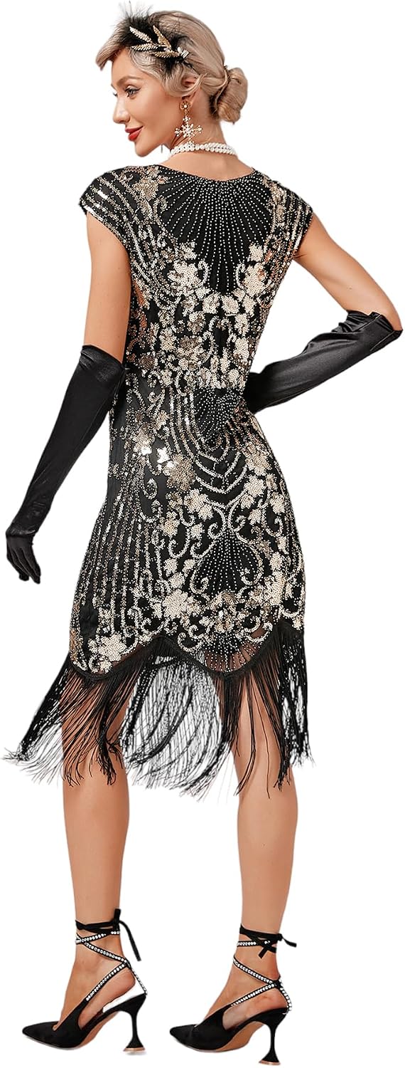 VILOREE 1920s Kleid Damen Flapper Charleston Kleid Gatsby Pailletten Cocktail Abschlussballkleid Par