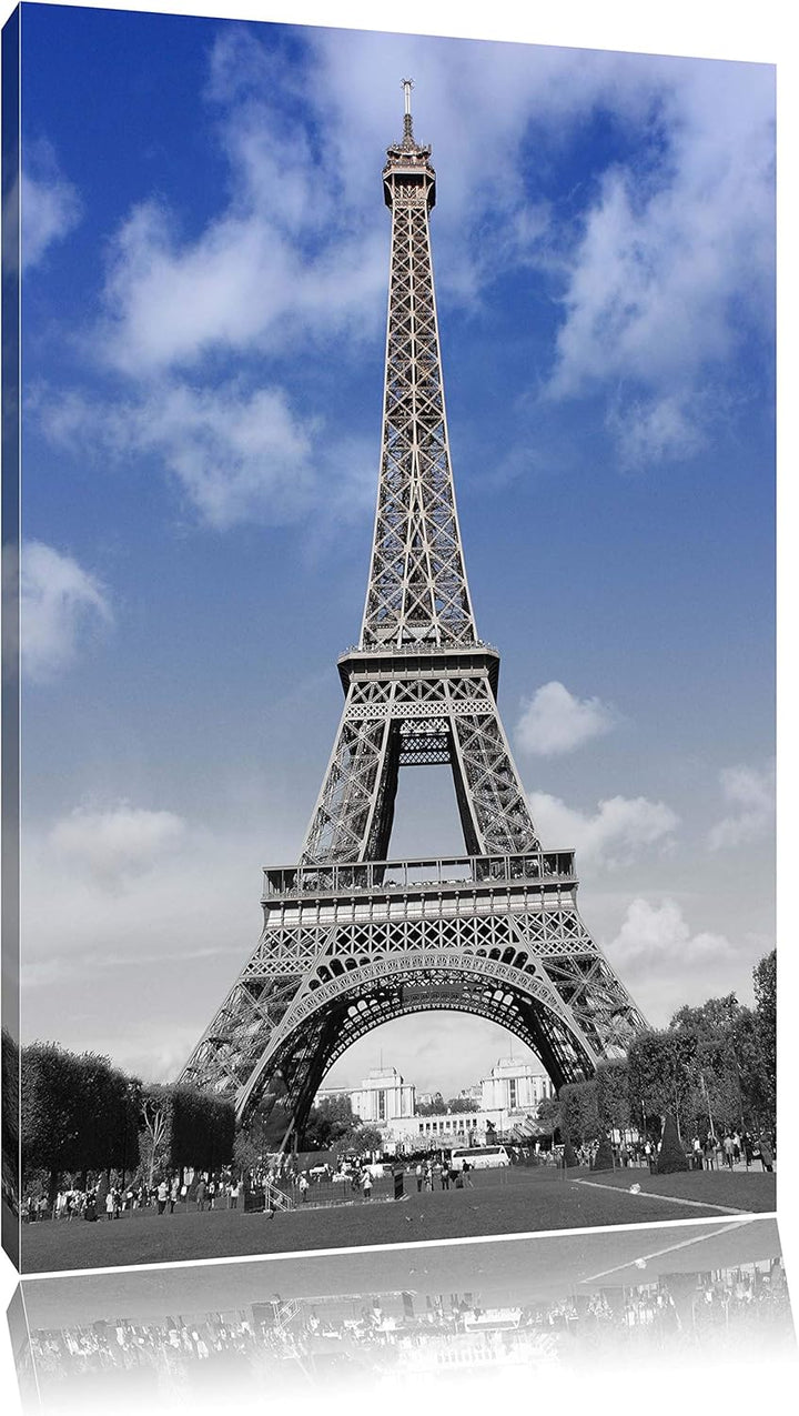 Eifelturm mit blauem Himmel Paris schwarz/weiss Format: 100x70 auf Leinwand, XXL riesige Bilder fert