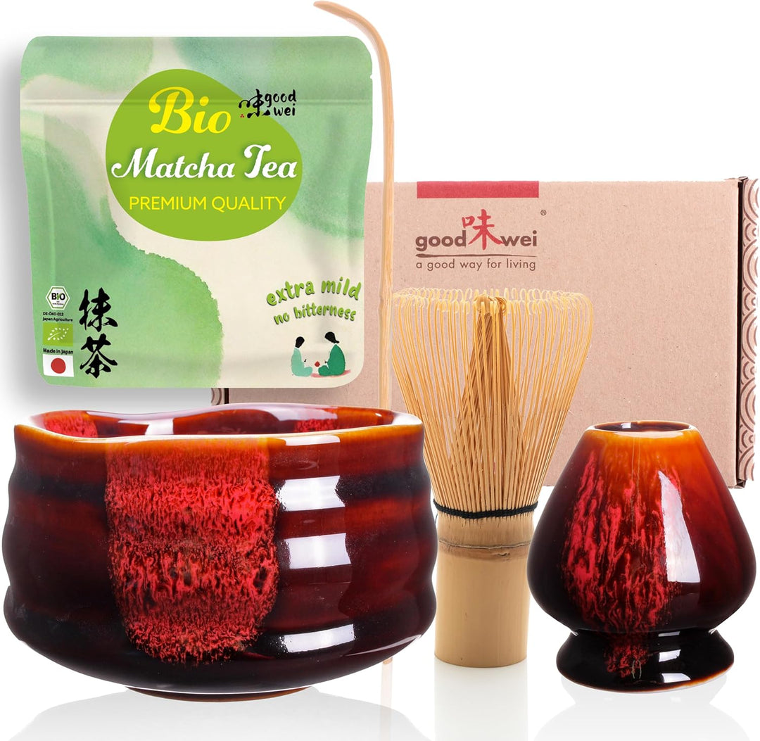 Teezeremonie-Set mit hochwertiger Matcha-Schale und echtem Bio Matcha aus Japan (Akai), Akai