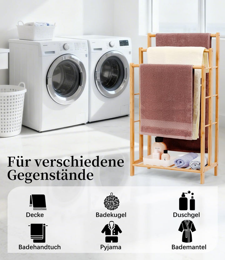 Bambus Handtuchständer mit Ablage, Handtuchhalter Freistehend, Handtuchleiter stehend mit 3 stangen,