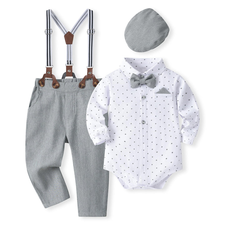 Volunboy Baby Jungen Anzug Set Bekleidung Hemd mit Fliege + Hosenträger Hosen + Barette Strampler An