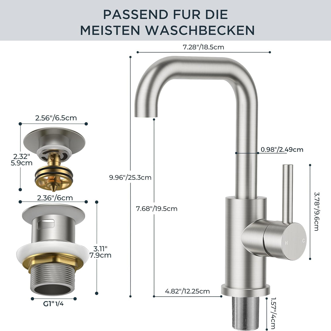 FORIOUS Wasserhahn Bad Hoch mit Ablaufgarnitur，360° Drehbar Edelstahl Waschtischarmatur Hoch mit War