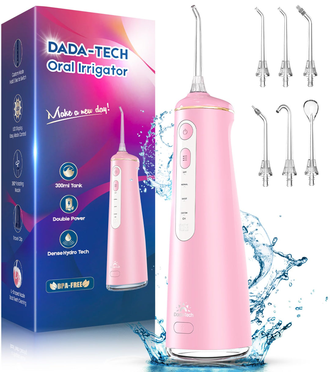 Munddusche Kabellos, Water Flosser for Teeth Mit 4 Modi & 8 Anpassbaren Stufen 7 Düsen 300ML Tank Mu