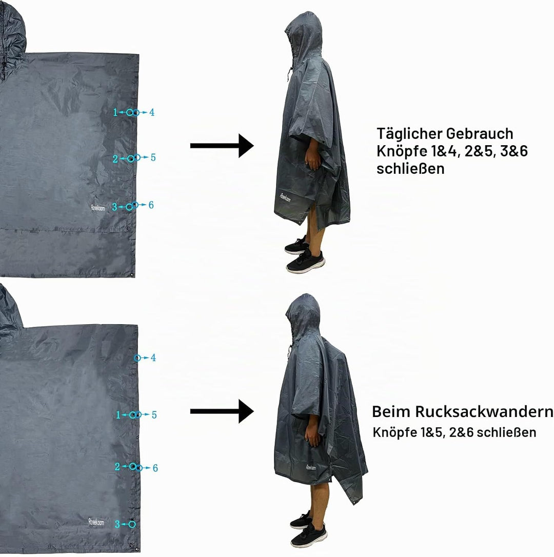 Azeekoom Regenjacke Regenponcho, Regenmantel Wasserdicht Unisex Camping Zelt Campingdecke 3 in 1 Mul