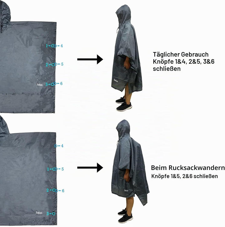 Azeekoom Regenjacke Regenponcho, Regenmantel Wasserdicht Unisex Camping Zelt Campingdecke 3 in 1 Mul