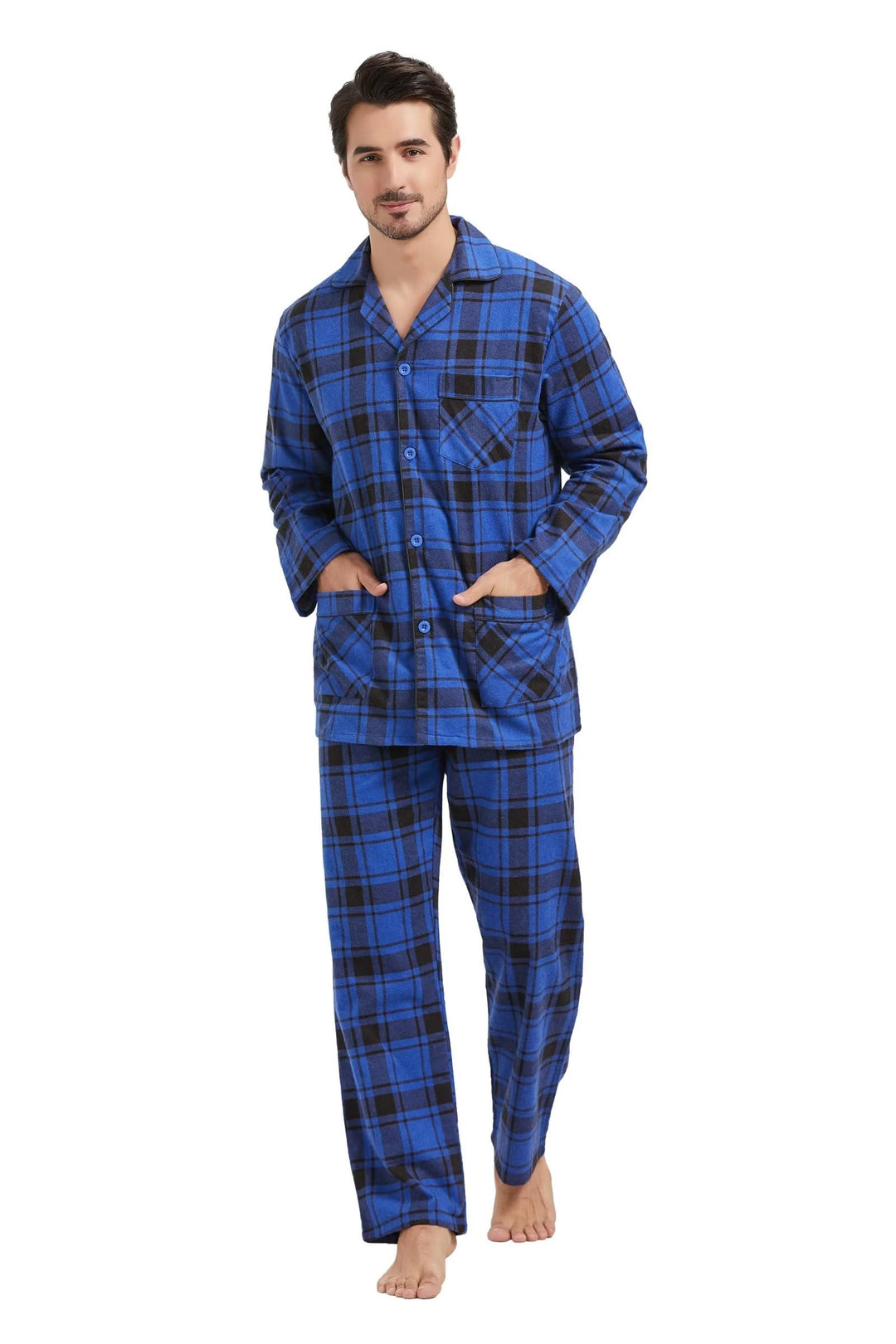 Amaxer Flanell Schlafanzug Herren 100% Baumwolle Pyjama mit Knopfleiste Set Lang Warmer Winter Schla