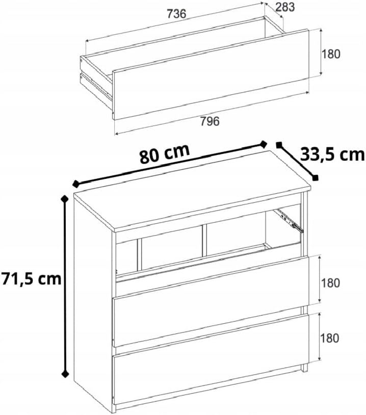 Kommode mit 3 Schubladen – Schmale Schlafzimmer Kommode, Modernes Sideboard Holz - Schwarz Matt – 80