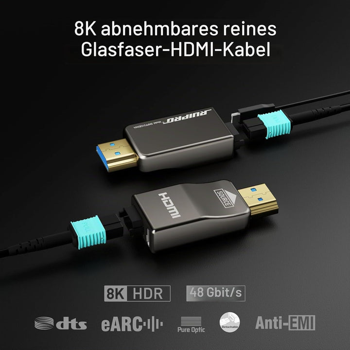 RUIPRO 8K HDMI 2.1 Kabel mit abnehmbarem Stecker aus reiner Glasfaser, 5 m, armiert, Ultra High Spee
