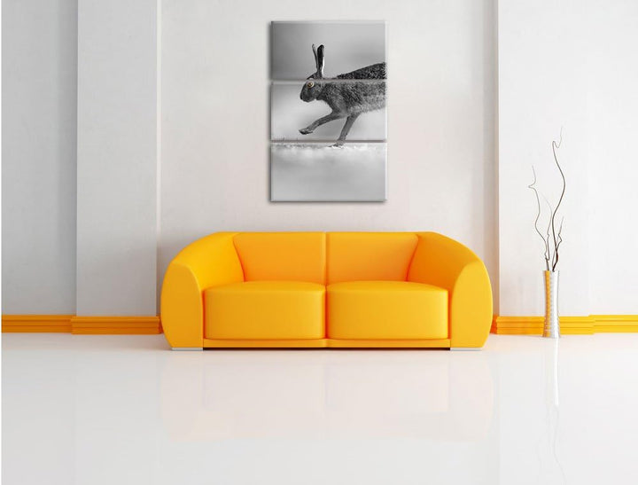 Pixxprint Springender Feldhase schwarz/weiss / 3-Teilig/Gesamtmass 120cm Leinwandbild bespannt auf H