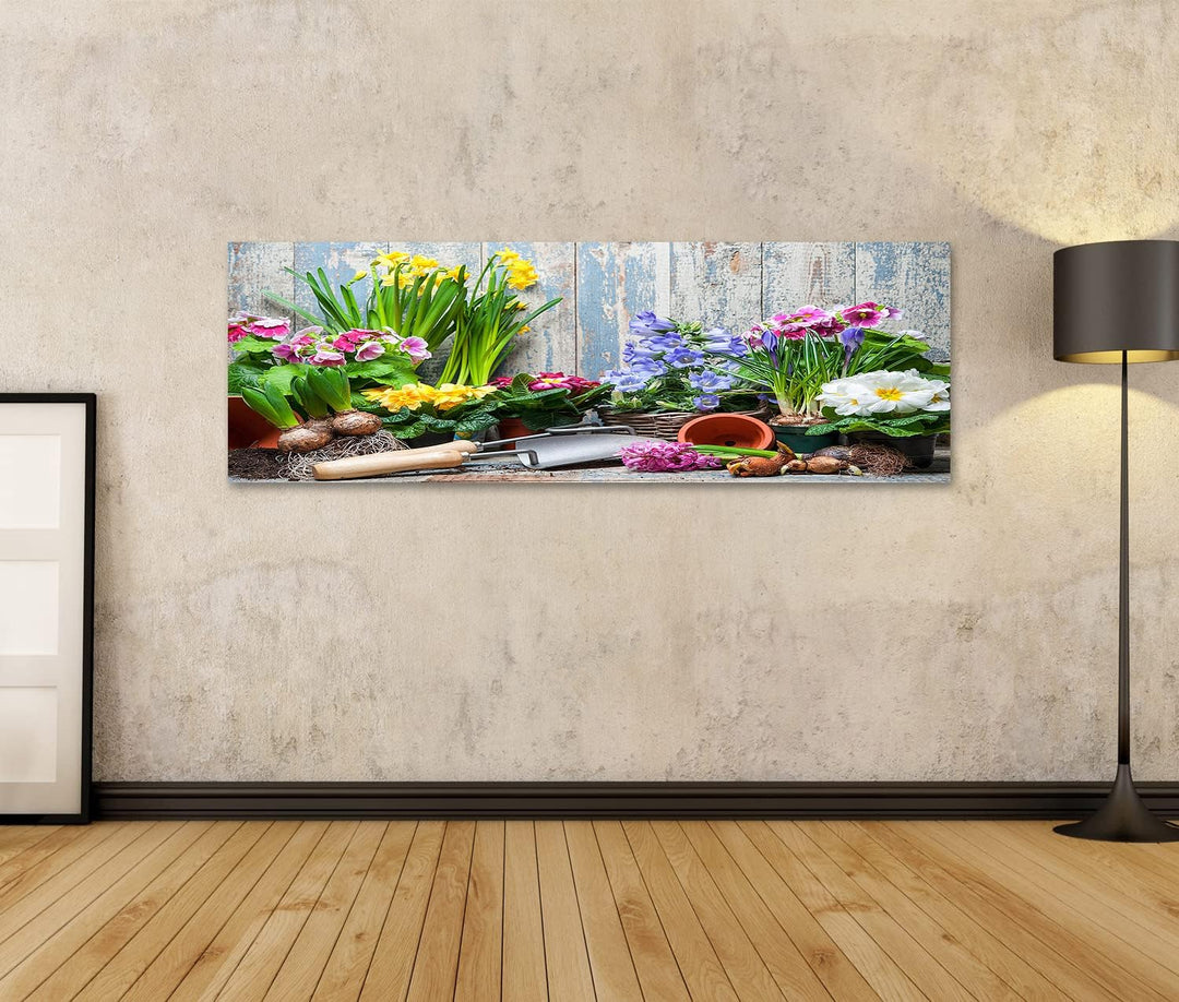 islandburner Bild auf Leinwand Blumengarten Bunte Blumen Töpfe Erde Vor Holzwand Bilder Wandbilder P