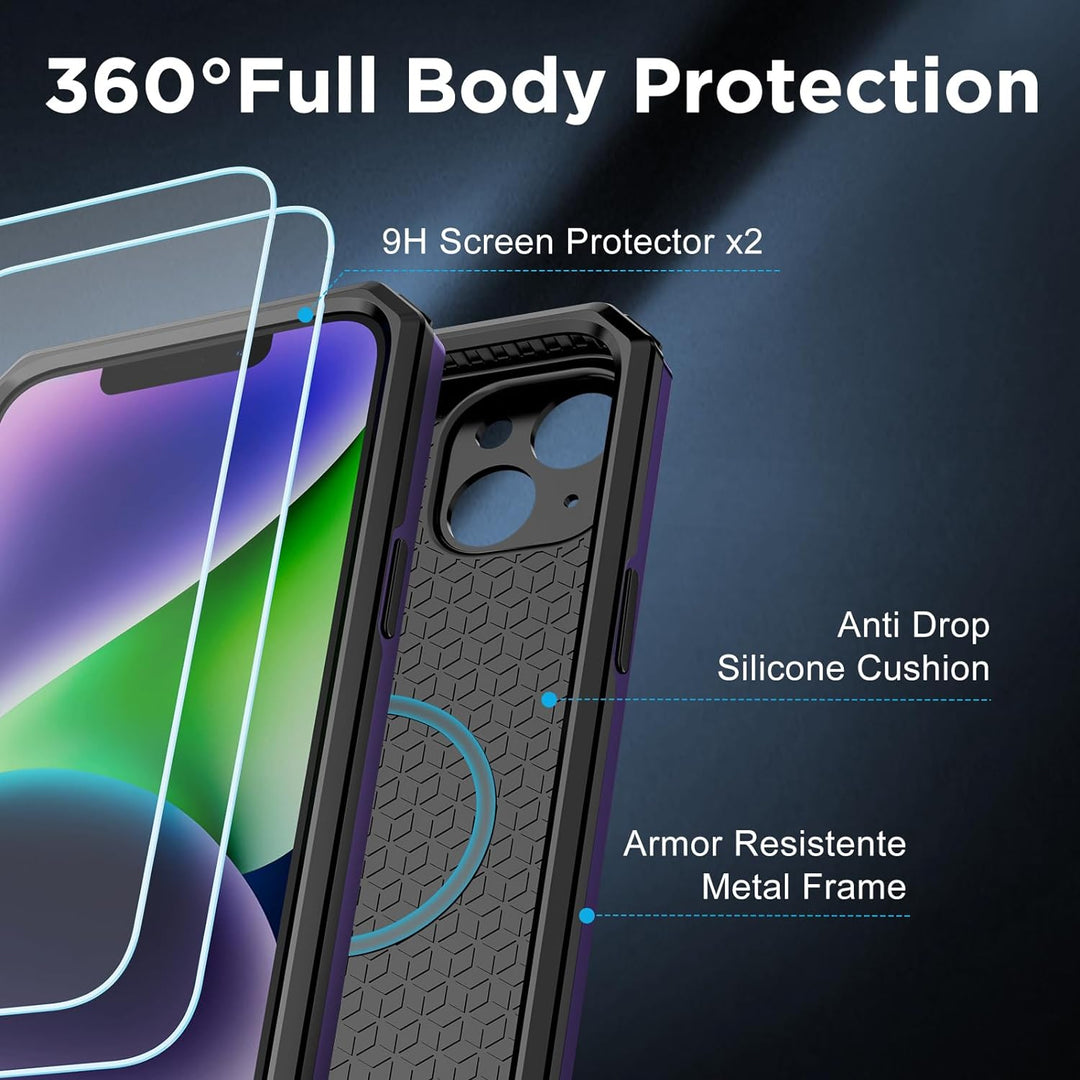 WIFORT Magnetisch Metall Hülle für iPhone 14 Plus Kompatibel mit MagSafe, mit 2 Stück Schutzglas, Mi