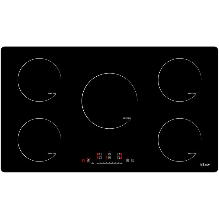 IsEasy Induktionskochfeld, 90cm elektrisches Induktionskochfeld – (8600W, 5 Kamine, schwarzes Glas,