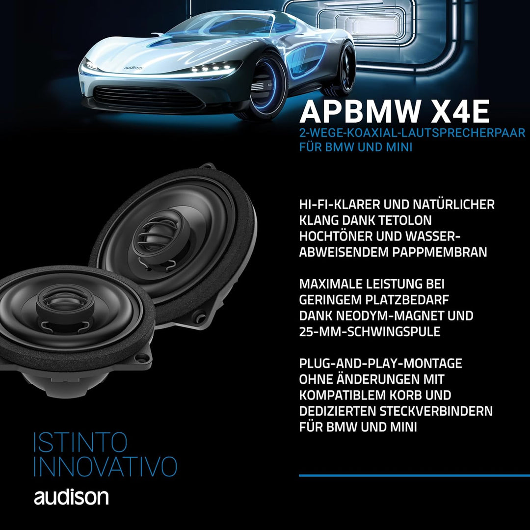Audison APBMW X4E – Paar 2-Wege-Koaxiallautsprecher 100 mm für BMW und Mini, kompatibel mit Large Ba