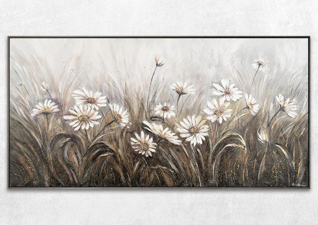 YS-Art Abstrakt Stil Acryl Gemälde auf Leinwand Gänseblümchen handgemalt Wandbilder Wohnzimmer moder