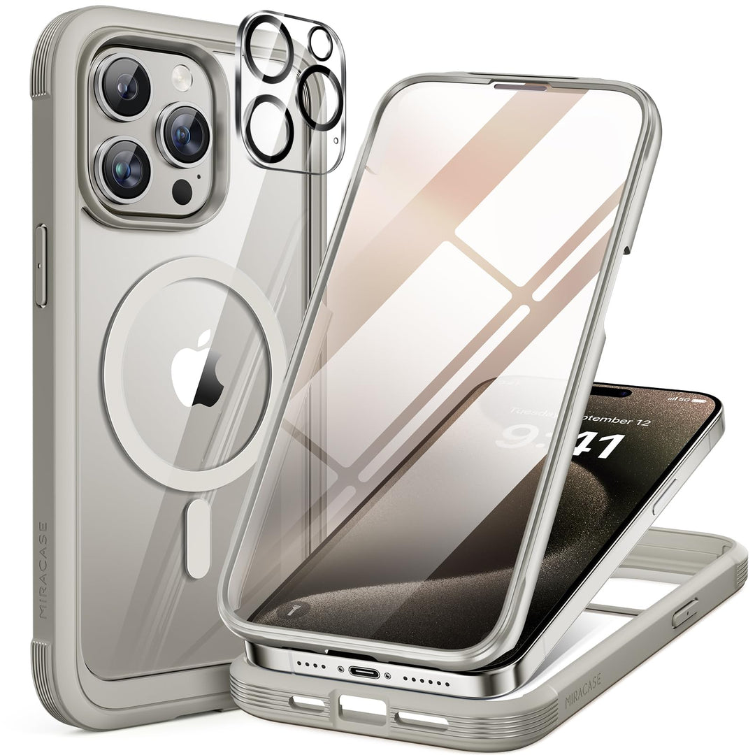 Miracase 360 Grad für iPhone 15 Pro Hülle Magnetisch mit Eingebaut Glas Schutzfolie und Kameraschutz