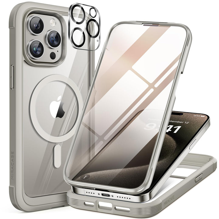 Miracase 360 Grad für iPhone 15 Pro Hülle Magnetisch mit Eingebaut Glas Schutzfolie und Kameraschutz