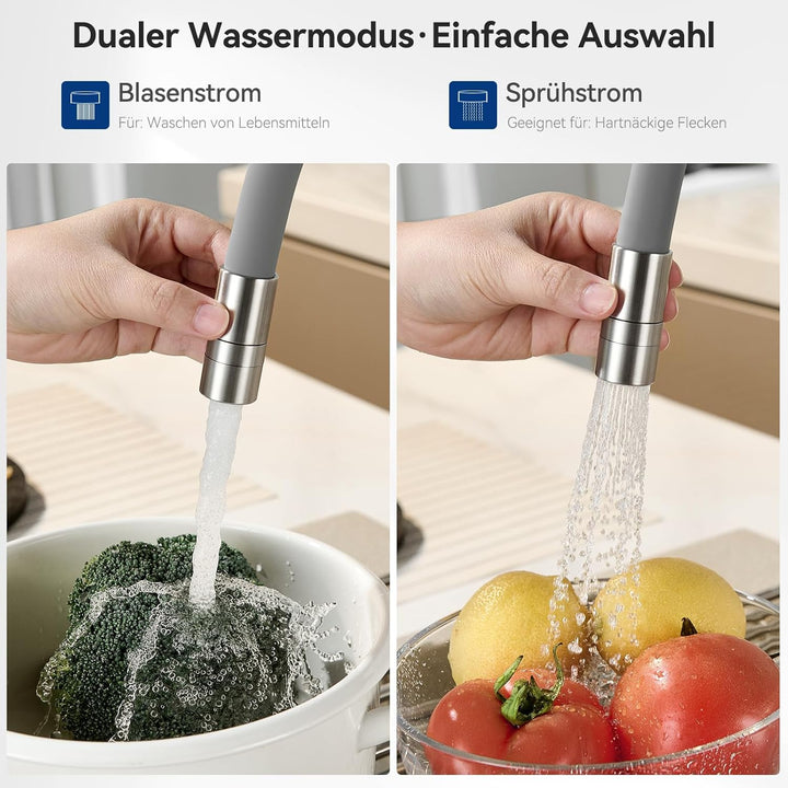 CECIPA Flexibler Küchenarmatur Grau, Wasserhahn Küche mit 2 Strahlarten, Mischbatterie Küche, Spülti