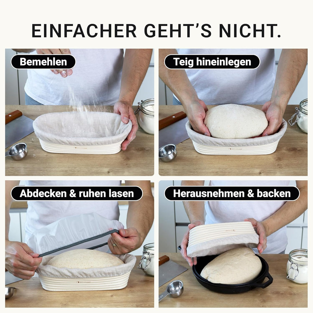 Rattan Gärkörbchen Set – Gärkorb Oval 28 cm mit waschbarem Leinenbezug und Abdeckhaube – Perfekt zum