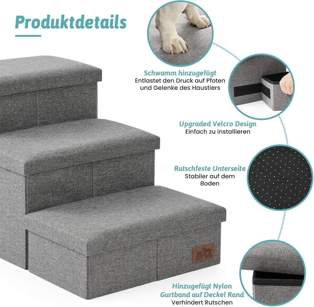 COZY KISS Hundetreppe für Kleine Hunde mit Stauraum, Breite Haustiertreppe Faltbare für Bett und Cou