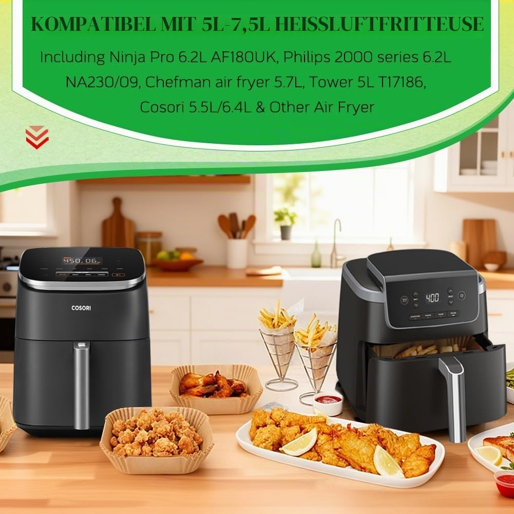 BYKITCHEN 100 Stück Airfryer Backpapier für Philips 6.2L/COSORI 5.5L,6L,6.2L, 20cm-24cm, Heissluftfr