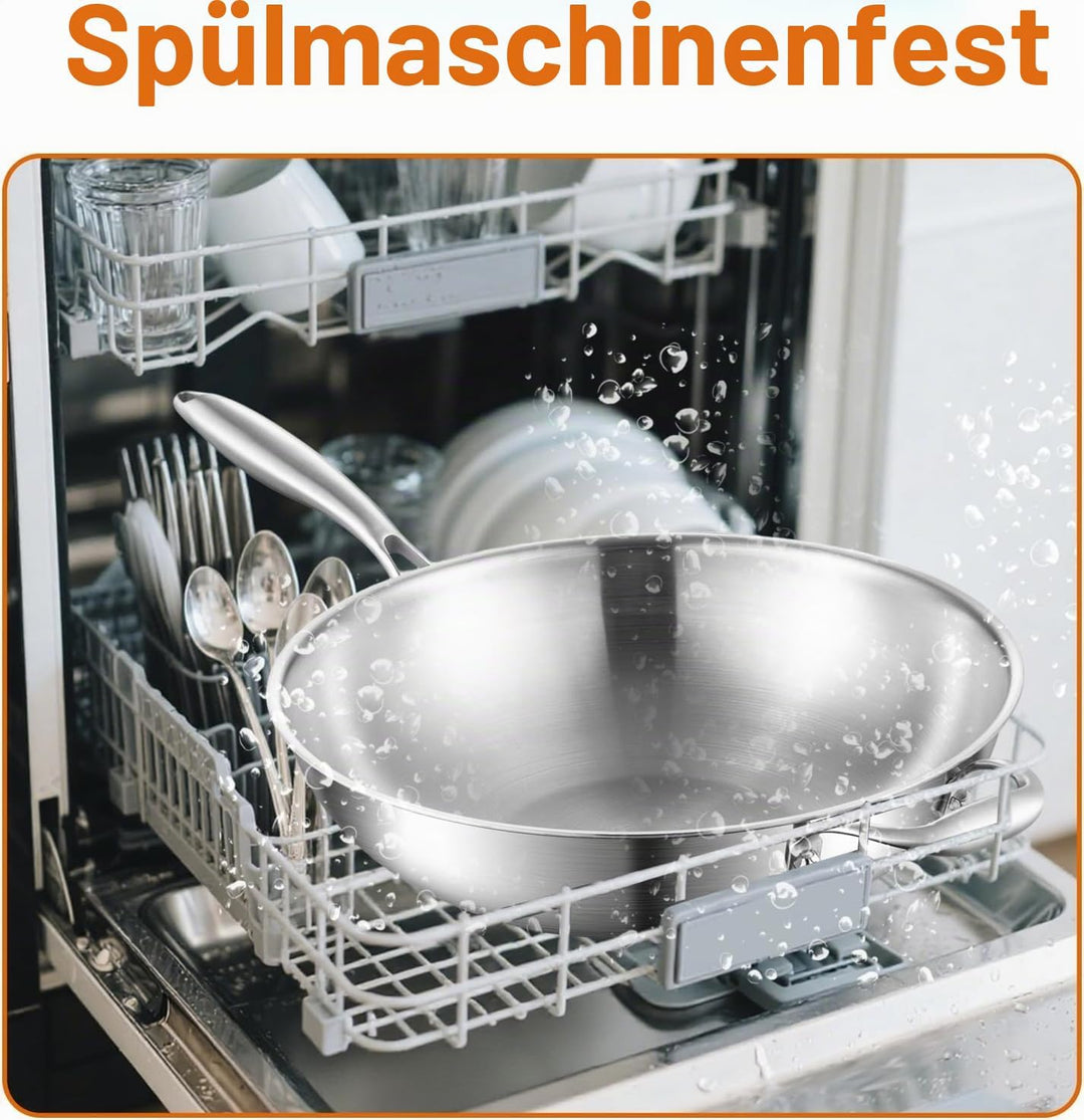 Wokpfanne Induction 28 cm: 3-Schicht Edelstahl Wok Pfanne mit Deckel,Effiziente Heizung,Unbeschichte