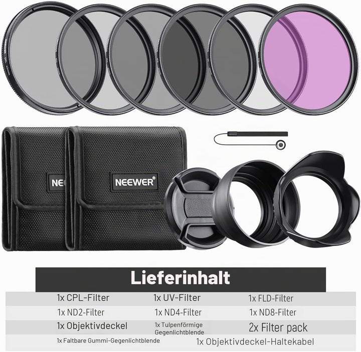 NEEWER Objektiv Filter Set 62mm UV CPL und ND Filters(ND2, ND4, ND8) FLD Filter, Tulpenförmiger Blen