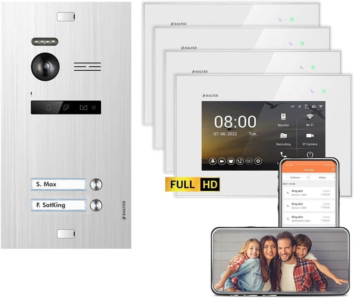 Balter EVO HD Silber/Weiss WiFi Video Türsprechanlage Set für 2 Familienhaus (1x Türstation mit Full