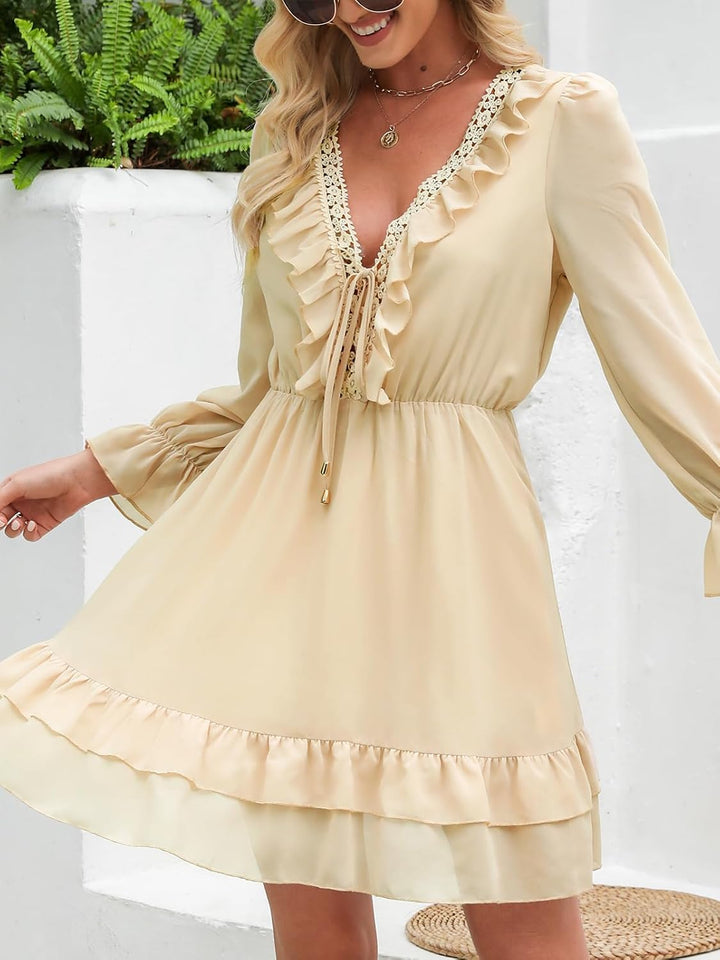 CUPSHE Damen Kleid V Ausschnitt Volant Langarm Rüschensaum Chiffon Kurzes Minikleid Freizeitkleider