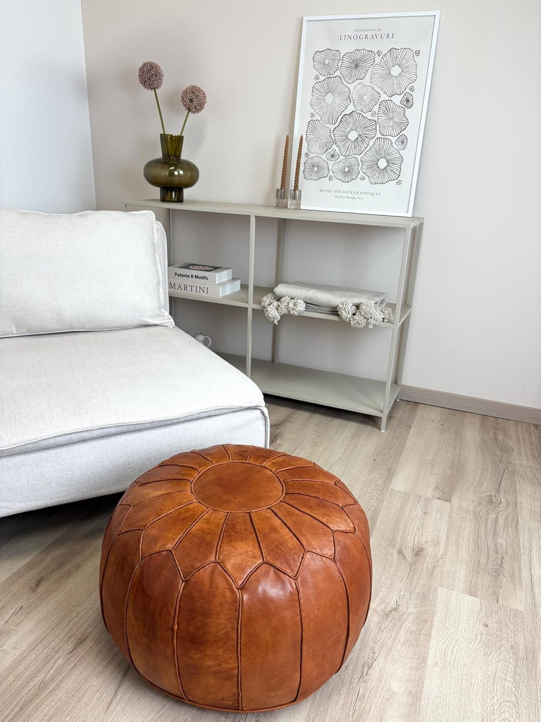 See the Good XL Echtleder Pouf - Handgefertigt - gefüllt geliefert - Ottoman Sitzsack Fusshocker Puf