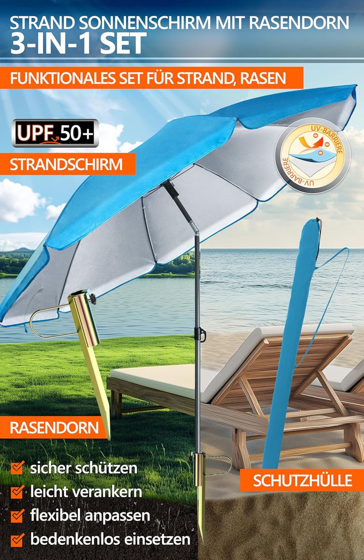 4smile Sonnenschirm Strand SunnyJoy in Blau, 3er Set - Strandschirm windfest stabil + Rasendorn Sonn