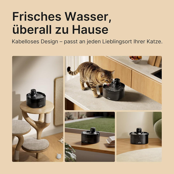 2,3L Katzenbrunnen Kabellos Batteriebetrieben, Schwarz | 4000mAh-Akku, Bewegungsmelder, Ultraleise P