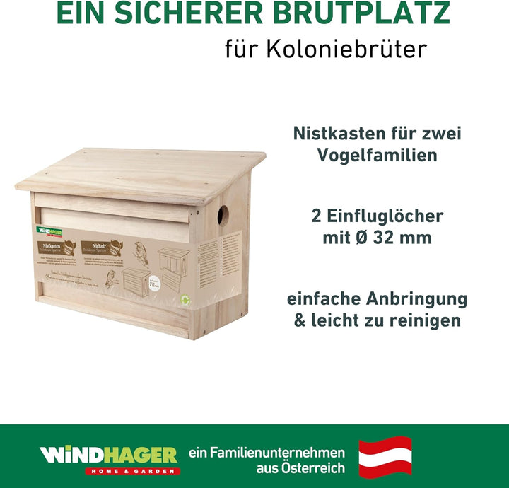 Windhager Nistkasten Twinhouse Sparrow, Vogel Nistkasten mit Zwei getrennten Kammern, Vogelnistkaste