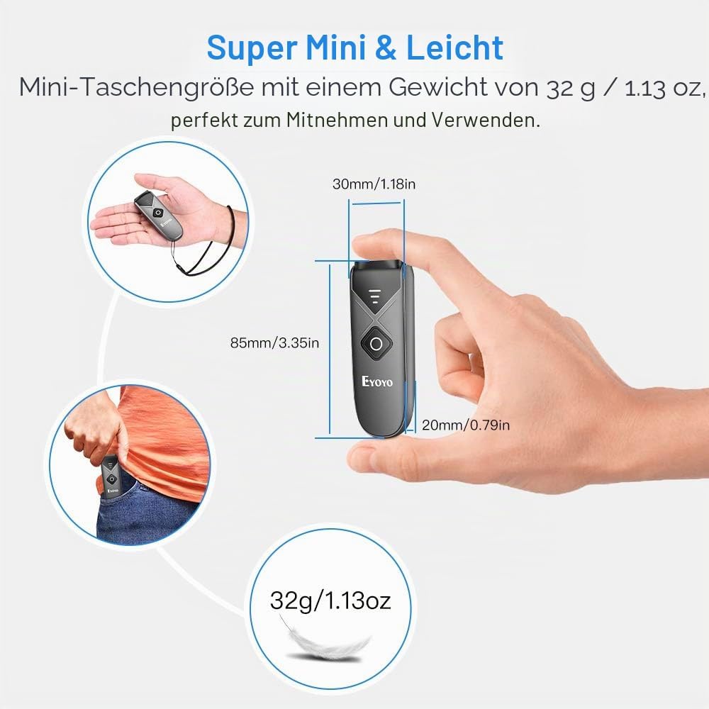 Eyoyo 2D QR Barcode-Scanner, 1D Mini Barcode-Lesegerät mit 3-in-1 USB-Kabel/Bluetooth/2,4-G-Funkverb