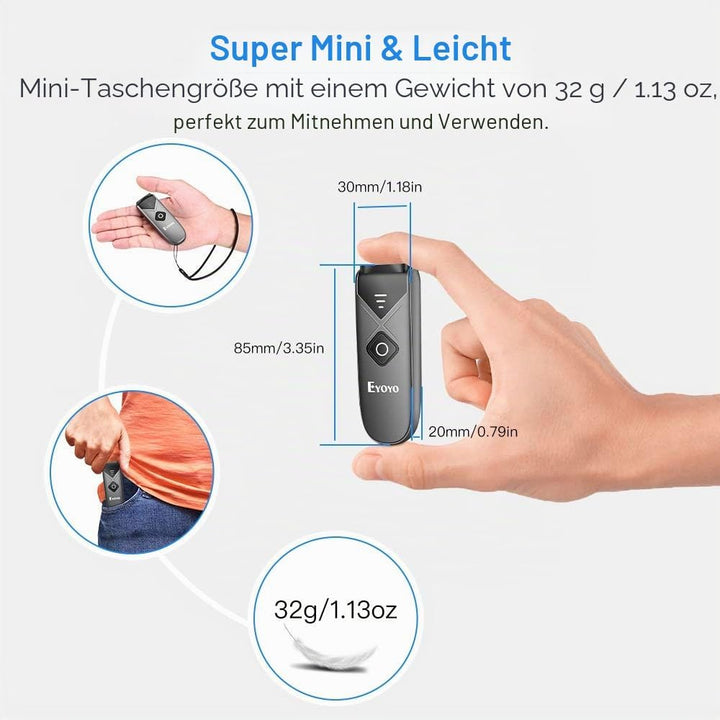 Eyoyo 2D QR Barcode-Scanner, 1D Mini Barcode-Lesegerät mit 3-in-1 USB-Kabel/Bluetooth/2,4-G-Funkverb