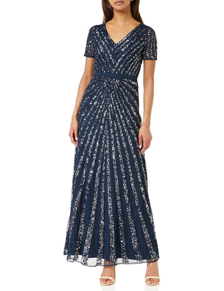 Maya Deluxe Damen Pailletten Maxi Abendkleid Elegant für Hochzeit V-Ausschnitt A-Linien-Schnitt Brau