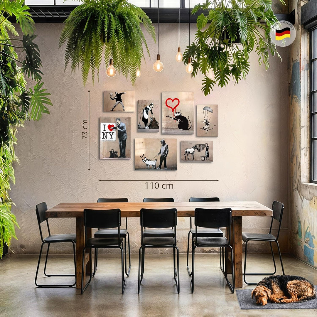 Novart Wandbilder Banksy Collage - KOMPLETT AUFHÄNGFERTIG - Street Art Beige Wohnzimmer Büro - 7 Mod