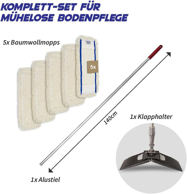 Bodenwischer Set Moppstange Aluminium mit Rändelhandgriff + Klapphalter & 5X Baumwollmopp Bezug 50cm