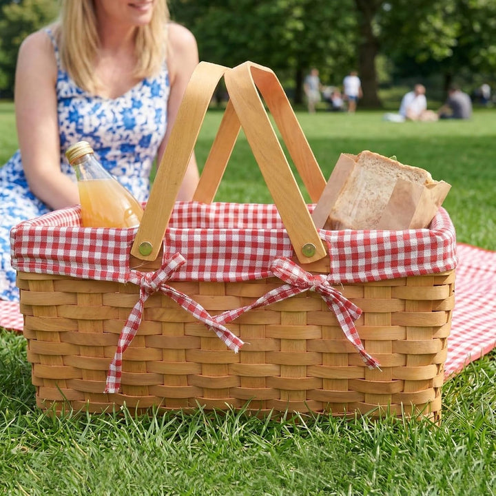Geflochten Picknickkorb mit Henkel und Leinentuch, 34x21x16cm Rechteckig Picknickkorb aus Weide, Ges