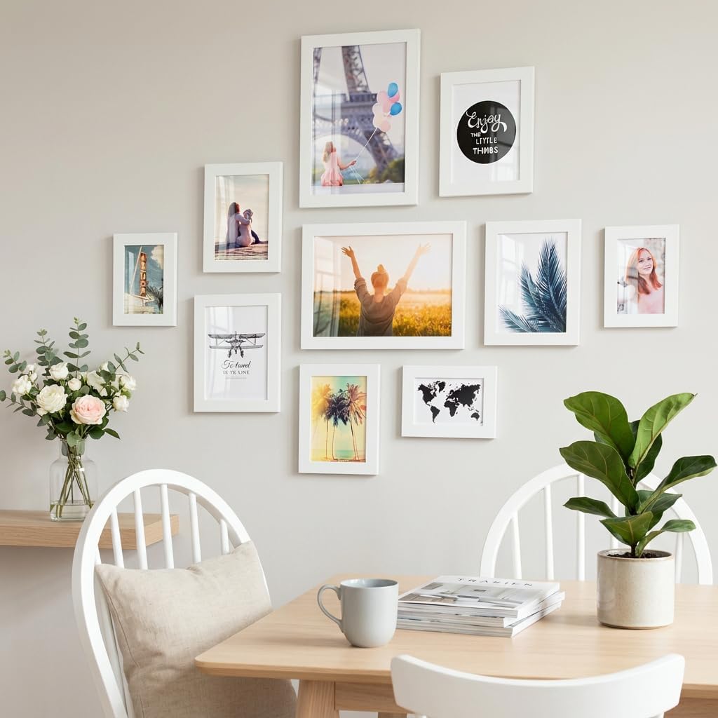 PHOTOLINI Bilderrahmen-Set Weiss MDF-Holz, breite Rahmen, 10er Rahmenset, modern, bruchsicheres Acry