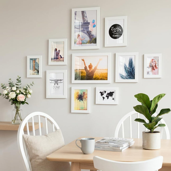 PHOTOLINI Bilderrahmen-Set Weiss MDF-Holz, breite Rahmen, 10er Rahmenset, modern, bruchsicheres Acry