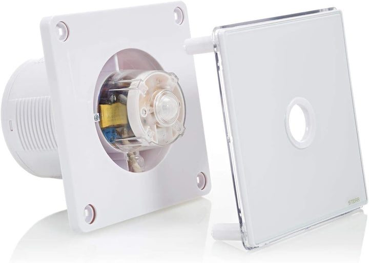 STERR Weisser Badlüfter 100 mm mit LED + PIR - Badezimmerventilator - Glasfront - Modernes Aussehen