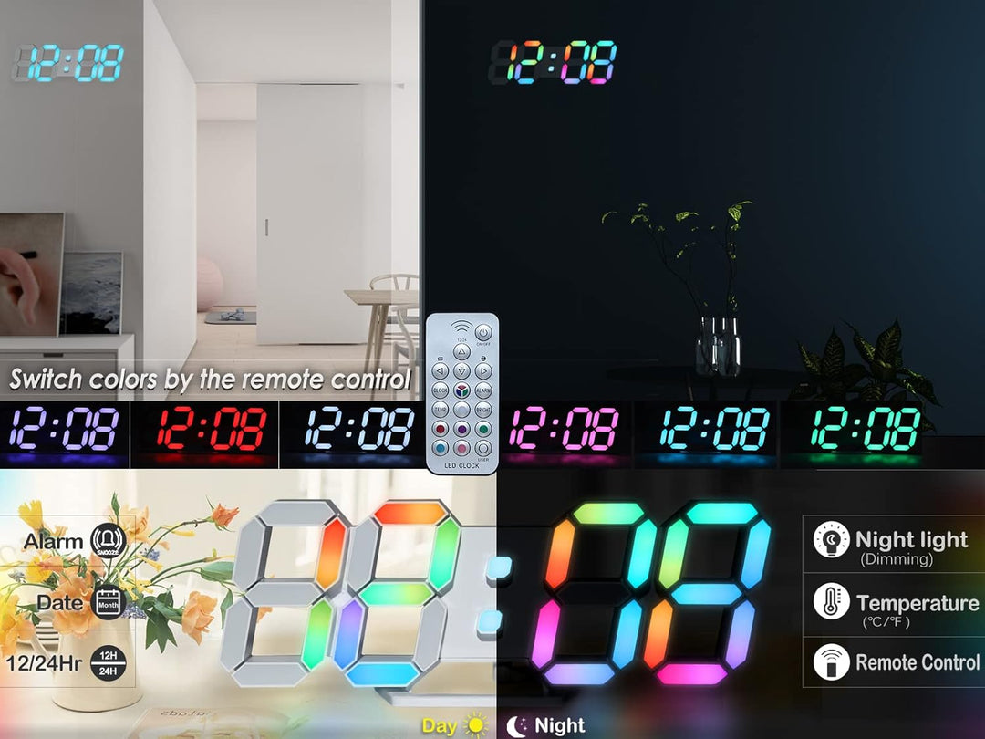 KOSUMOSU Wanduhr, Neon-Digitaluhr, 3D-LED-Schreibtischuhr, grosses Display, 24.6 cm, RGB-Uhr, ästhet