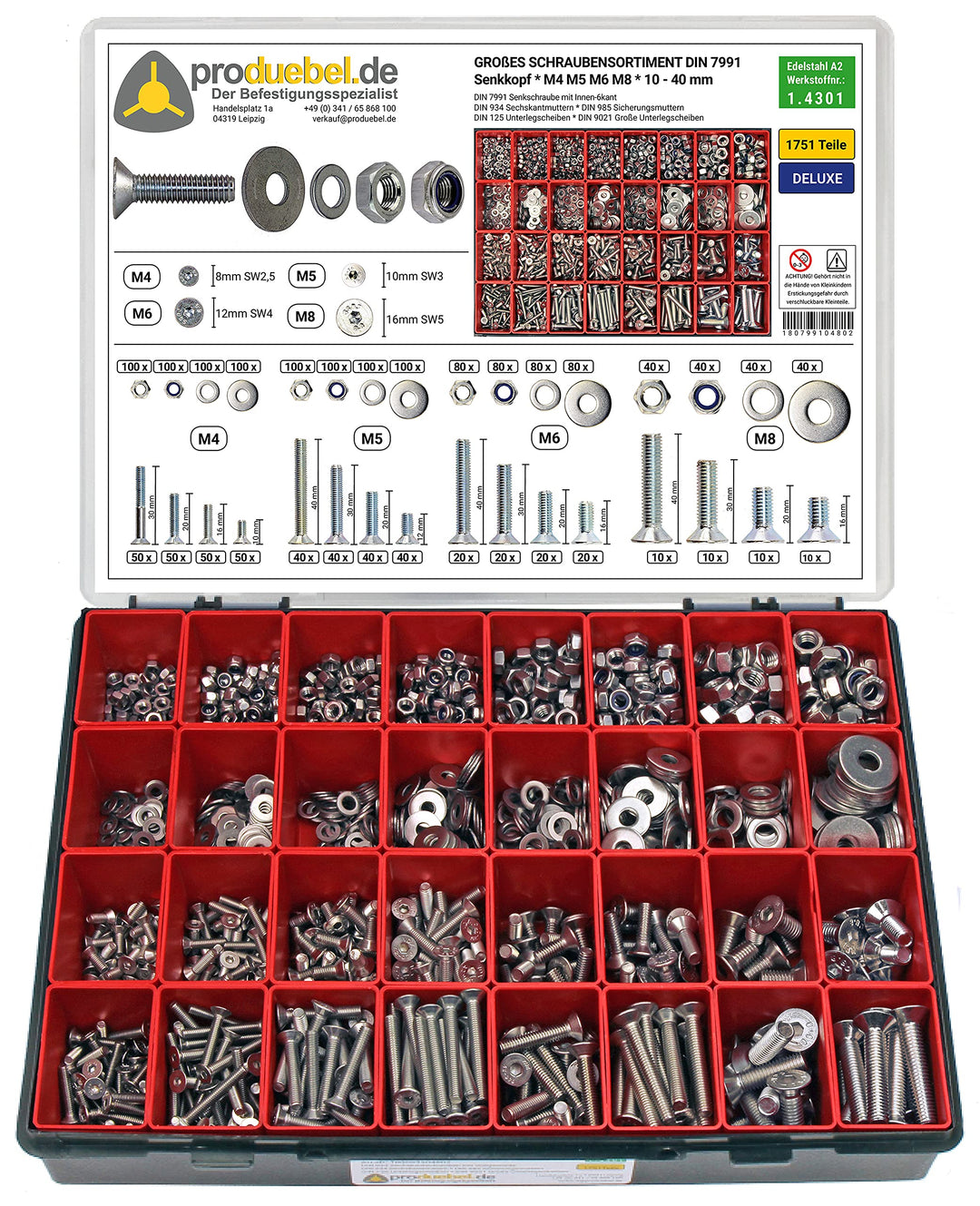 Grosses Schrauben-Sortiment DIN 7991 Senkkopf M4/M5/M6/M8 Edelstahl A2 V2A (DIN 7991+934+985+125+902