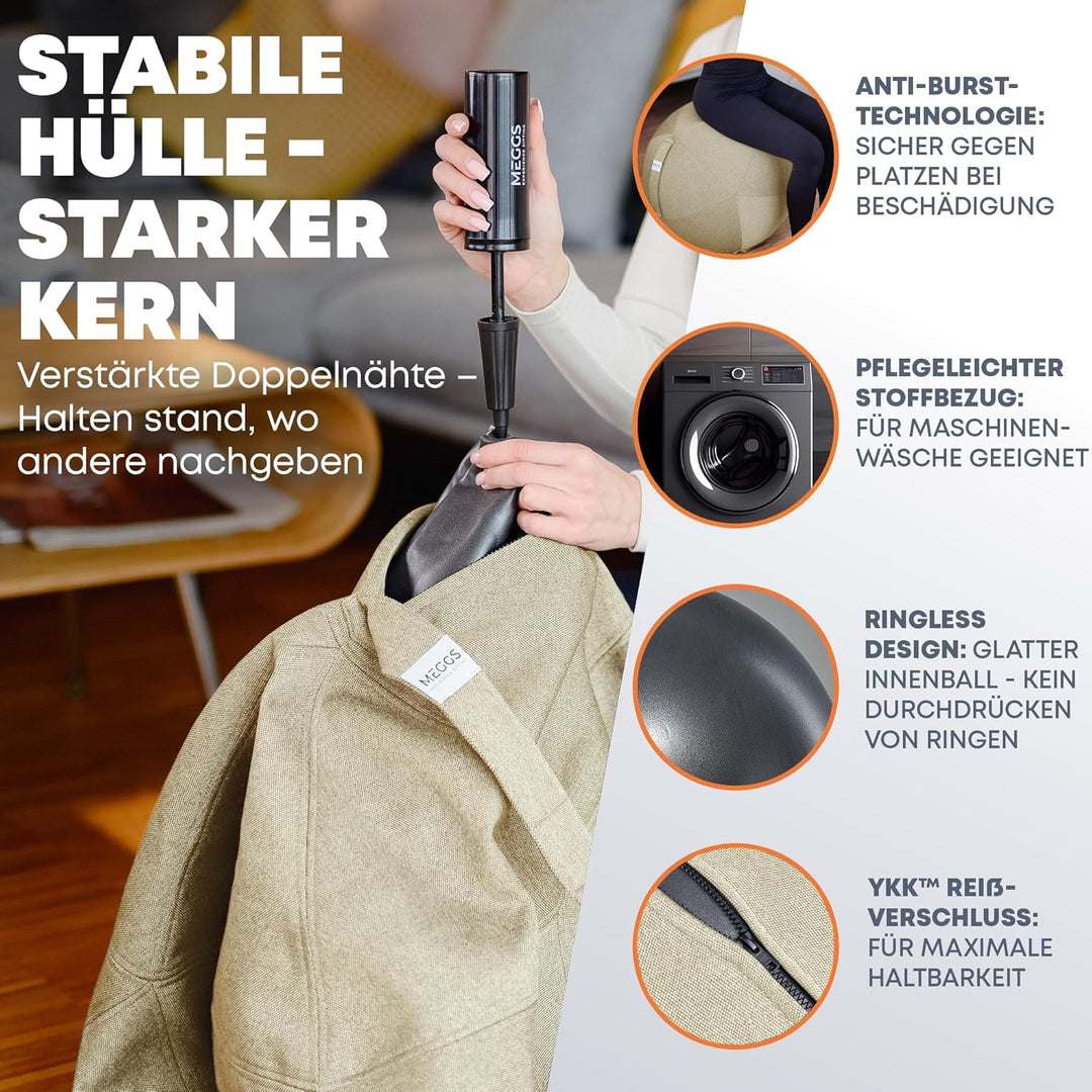 MEGGS® Stoff-Sitzball 65cm, Ergonomisch Sitzen im Büro & Zuhause, [Wegrollschutz & Platz-Sicher], Pe
