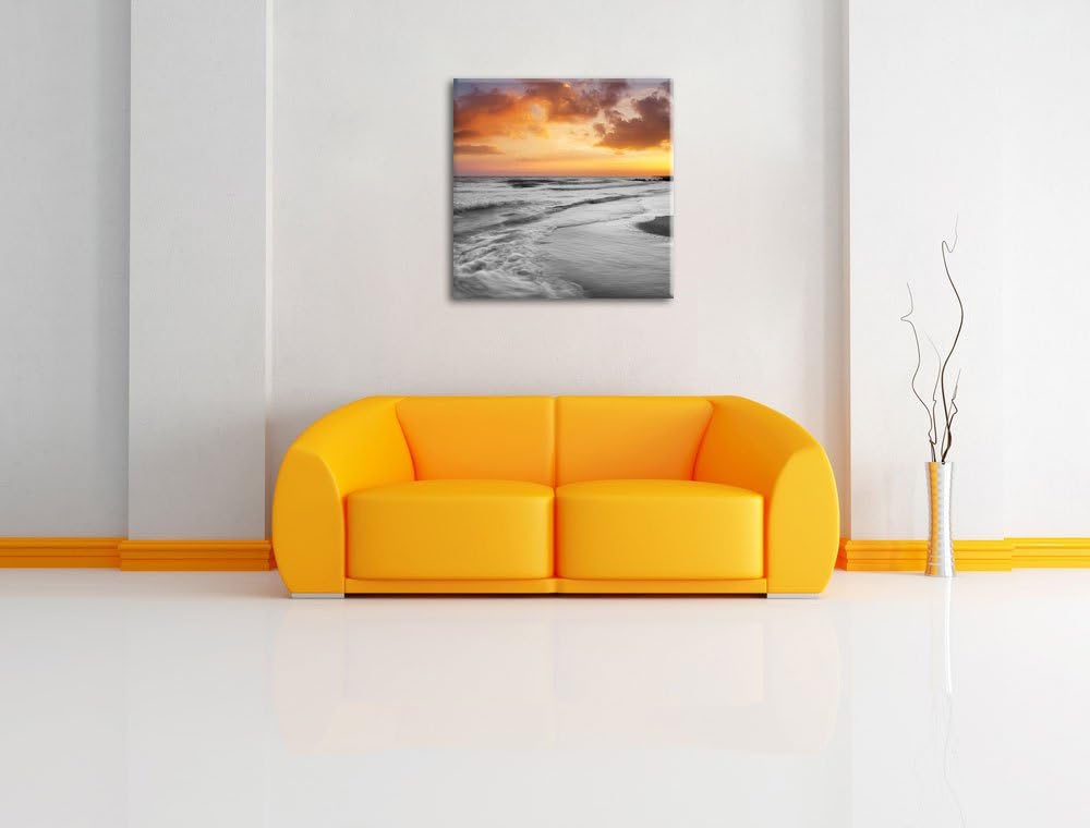 Pixxprint Traumhafter Strand mit romantischen Sonnenuntergang Schwarz/weiss, Format: 70x70 auf Leinw
