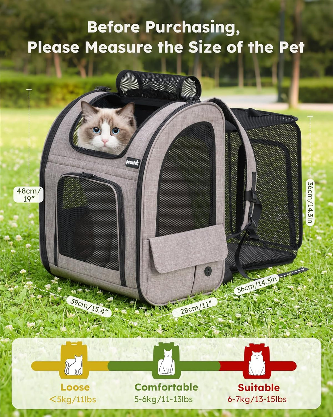 pecute Hunderucksack Erweiterbar XL für 6-10 kg, Faltbar Katzenrucksack Katzen mit Anti-offener Reis