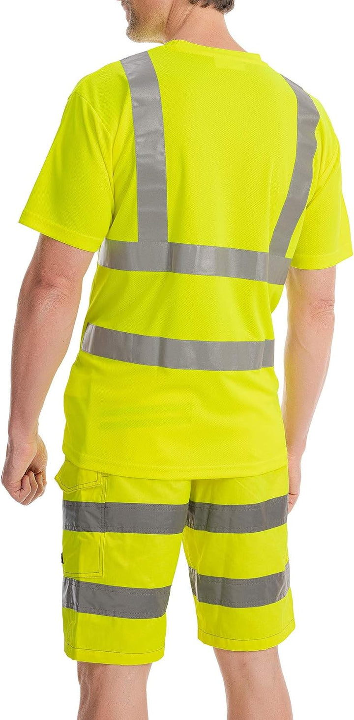 Herren Warnschutz T-Shirt in Neon Gelb/Orange Hohe Sichtbarkeit durch Reflexstreifen EN ISO 20471 Kl