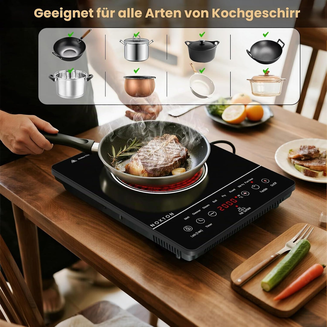 NOXTON Induktionskochfeld 60 cm mit Weisse Gläser und blaues Bedienfeld, Induktionsfeld Flexzonen 3